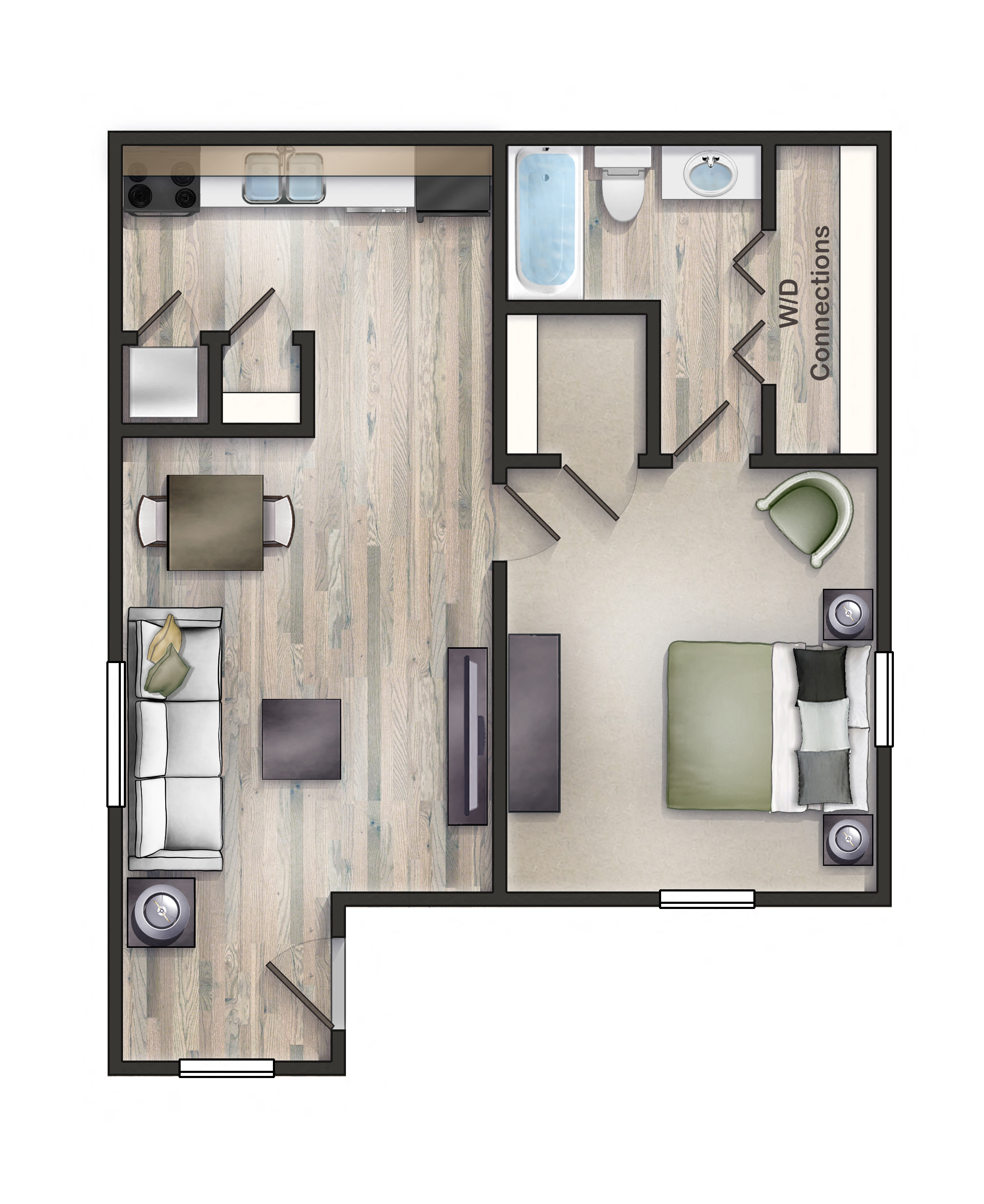 Floor plan for 1 bed, 1 bath, 650 sqft